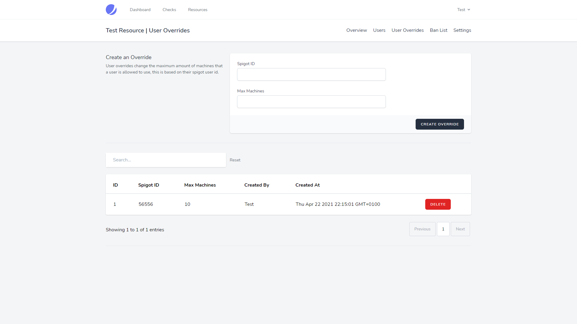 User overrides page with table of overridden users and form to create overrides